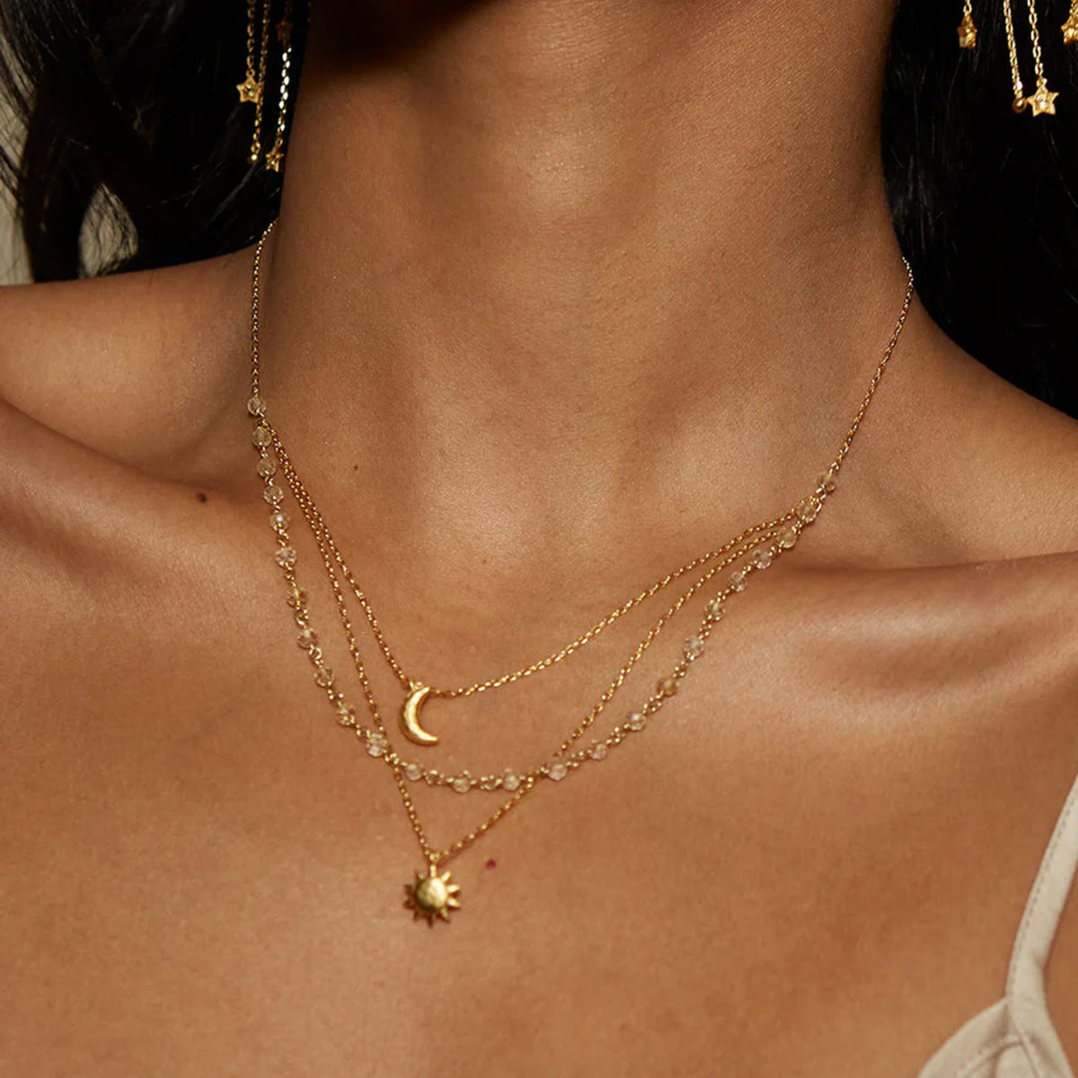 Stainless Steel Star Moon Fringe Choker Necklace