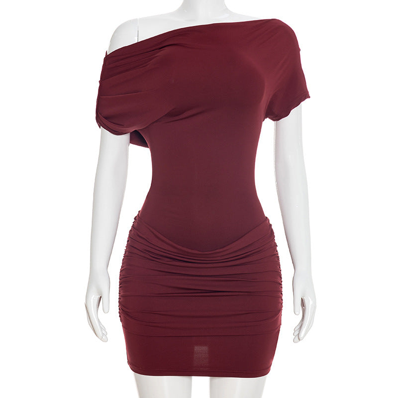 Off Shoulder Ruched Draped Bardot Neck Bodycon Mini Dress