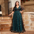 Plus Size Evening Dress Shiny Crystal Puff Sleeve V Neck Evening Dress