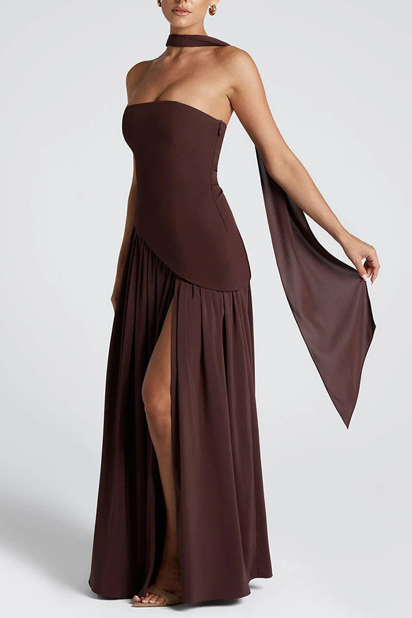 Elegant Off Shopulder Chiffon Pleated Hem Scarf Slit Maxi Dress