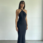 Halter Neck Open Back Cowl Drape Bodycon Maxi Dress