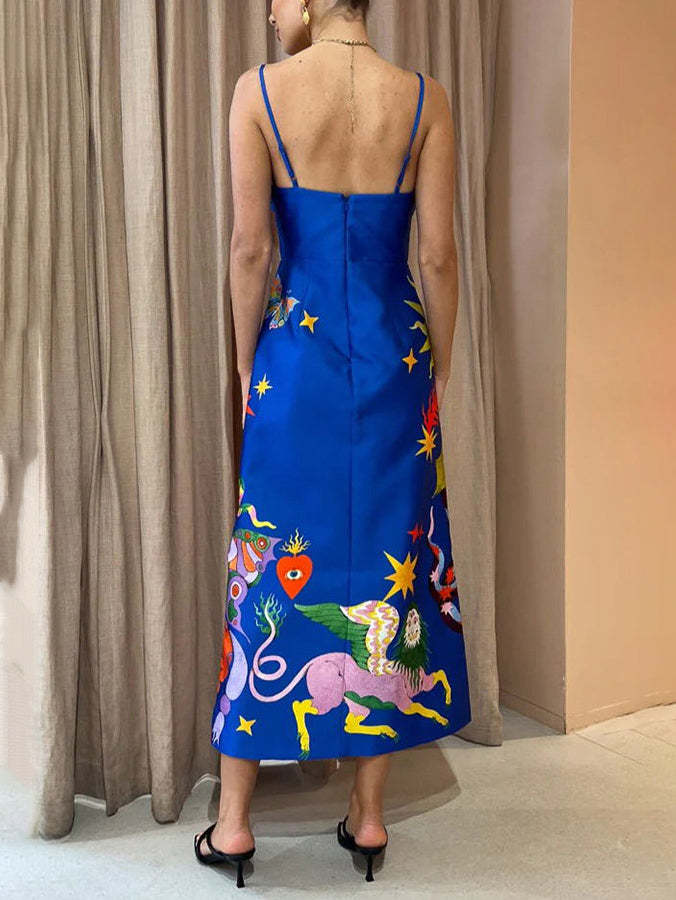 Satin Celestial Print Sweetheart Spaghetti Strap Wrap Cut Out Midi Dress