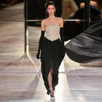 Lace Embellished Strapless Corset Basque Waist High Split Maxi Gown
