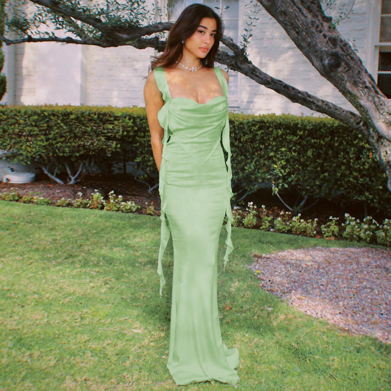 Satin Cowl Neck Spaghetti Strap Ruffle Strap Backless Maxi Dress