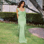 Satin Cowl Neck Spaghetti Strap Ruffle Strap Backless Maxi Dress