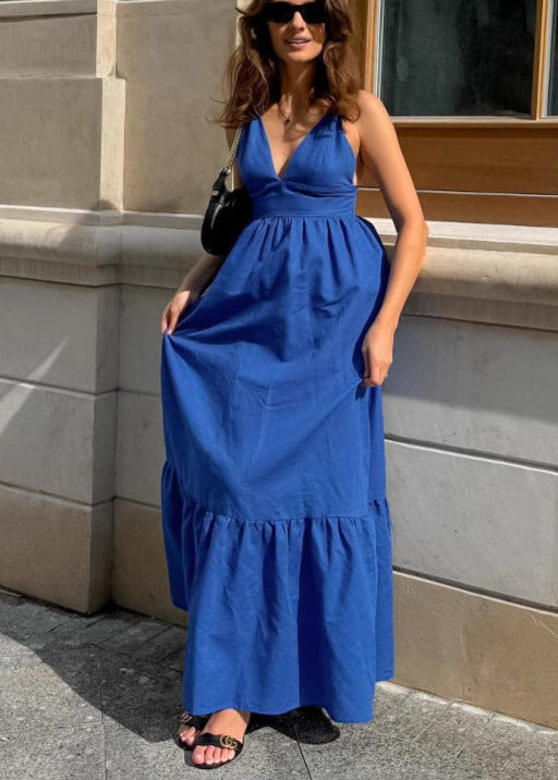 Crinkled Fabric Double Strap Deep V-Neck Tiered Maxi Dress