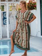 Rayon Wave Print Beach Cover-up Robe Vacation Sun Protection Shirt Bikini Cover
