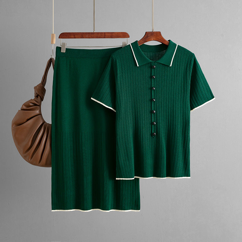 Elegant Knitted Skirt Set with Polo Collar