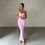 Spaghetti Strap Tie Shoulder Deep V Back Ruched Bodycon Maxi Dress