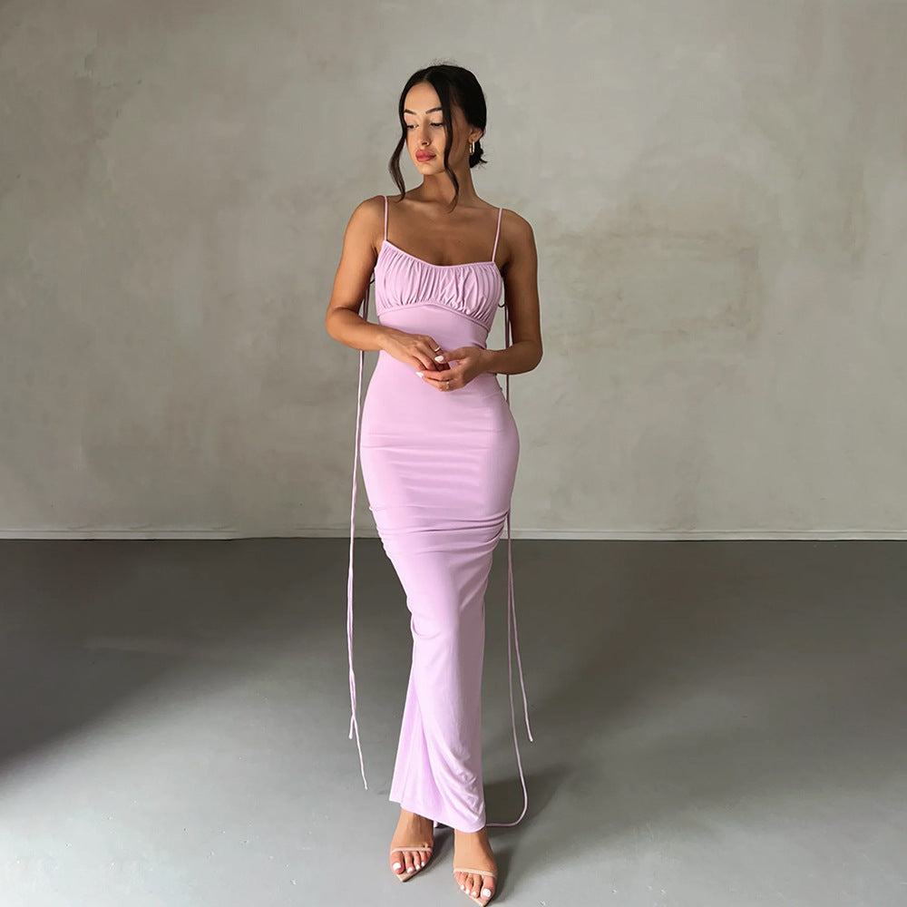 Spaghetti Strap Tie Shoulder Deep V Back Ruched Bodycon Maxi Dress