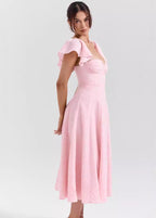 Floral Jacquard Flutter Sleeve Sweetheart Ruched Bodice A-Line Midi Dress