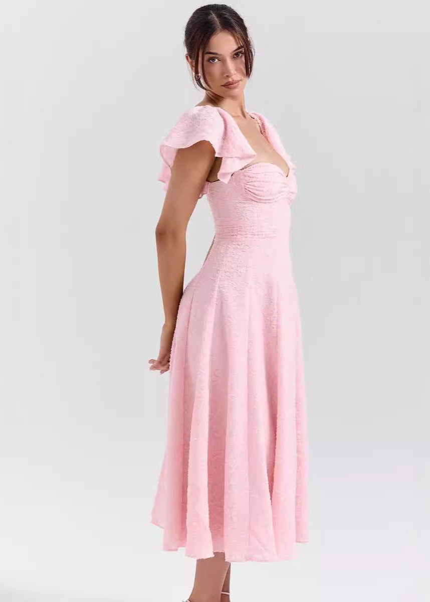 Floral Jacquard Flutter Sleeve Sweetheart Ruched Bodice A-Line Midi Dress