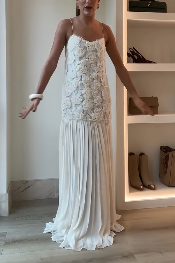 Indulge in Floral Applique Pleated Chiffon Hem Slip Maxi Dress