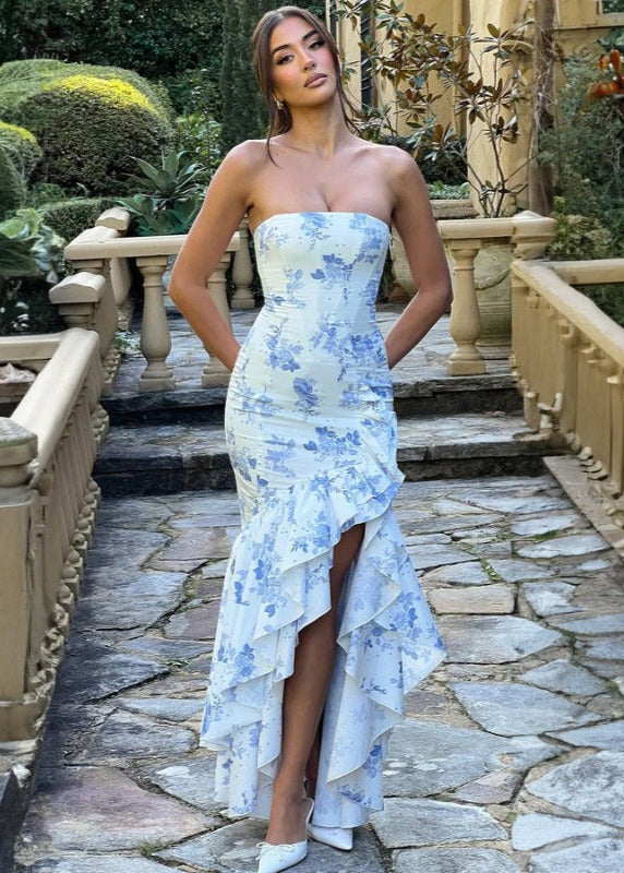 Strapless Floral Print Cascading Ruffle High Low Slit Maxi Dress