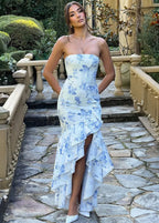 Strapless Floral Print Cascading Ruffle High Low Slit Maxi Dress