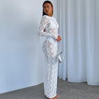 Sheer Floral Lace Long Sleeve Crew Neck Column Maxi Dress
