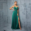 High Slit Evening Gown Green Satin Formal Dress