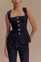 Stassi Denim Square Neck Unique Button Up Princess Seams Vest Top