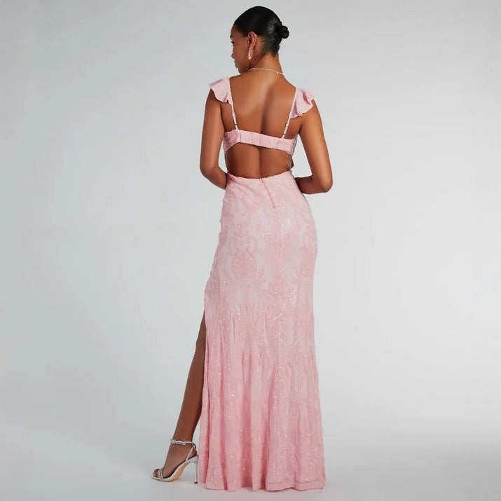 Sequin Lace Deep V-Neck Ruffle Strap High Split Maxi Gown