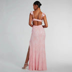 Sequin Beaded Floral Flutter Strap Deep V-Neck High Slit Maxi Gown
