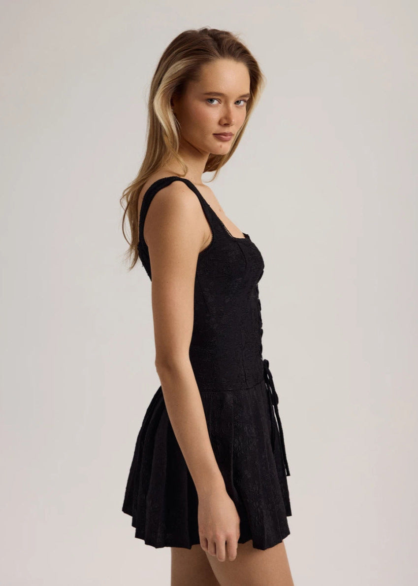 Floral Jacquard Lace Up Corset Bodice Pleated Mini Dress
