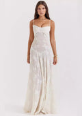 Floral Applique Spaghetti Strap Square Neck Corset Seam Maxi Dress