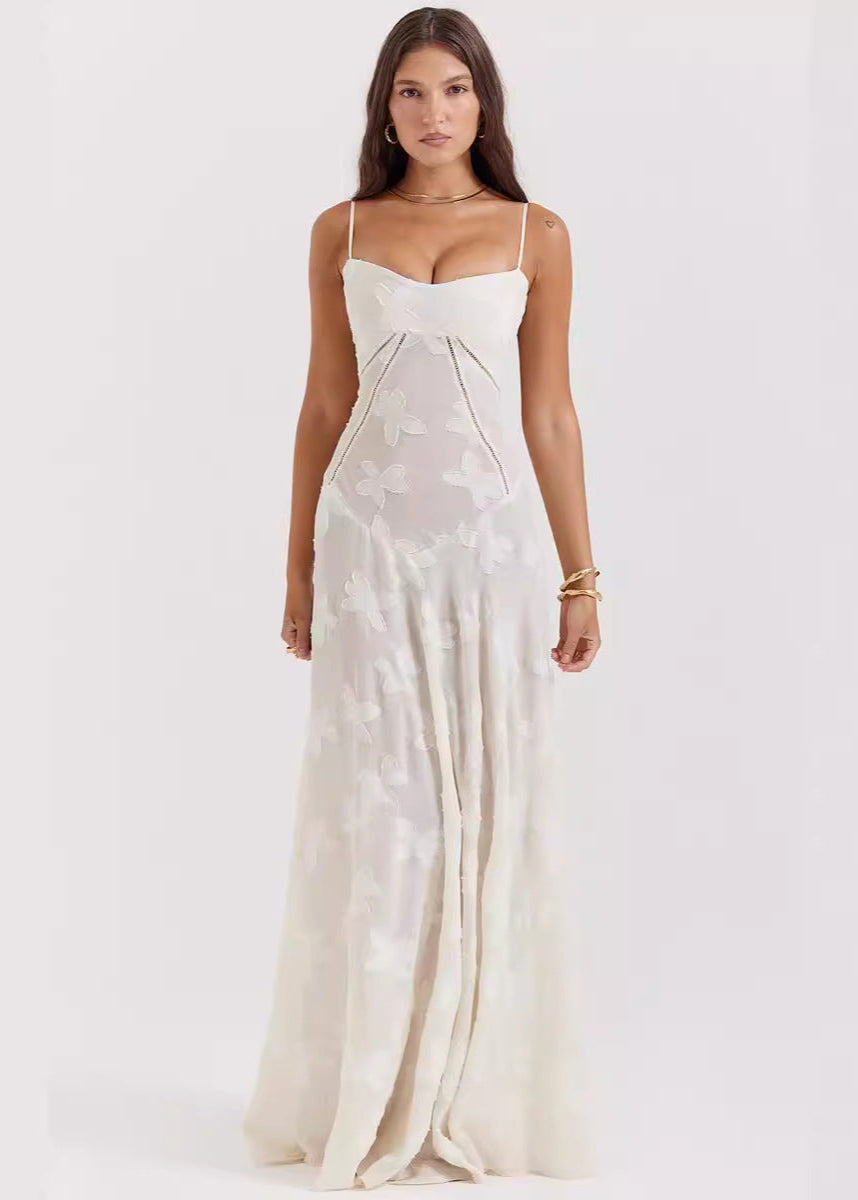 Floral Applique Spaghetti Strap Square Neck Corset Seam Maxi Dress