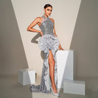 Silver  Flower Embellished Halter High Split Event Dress