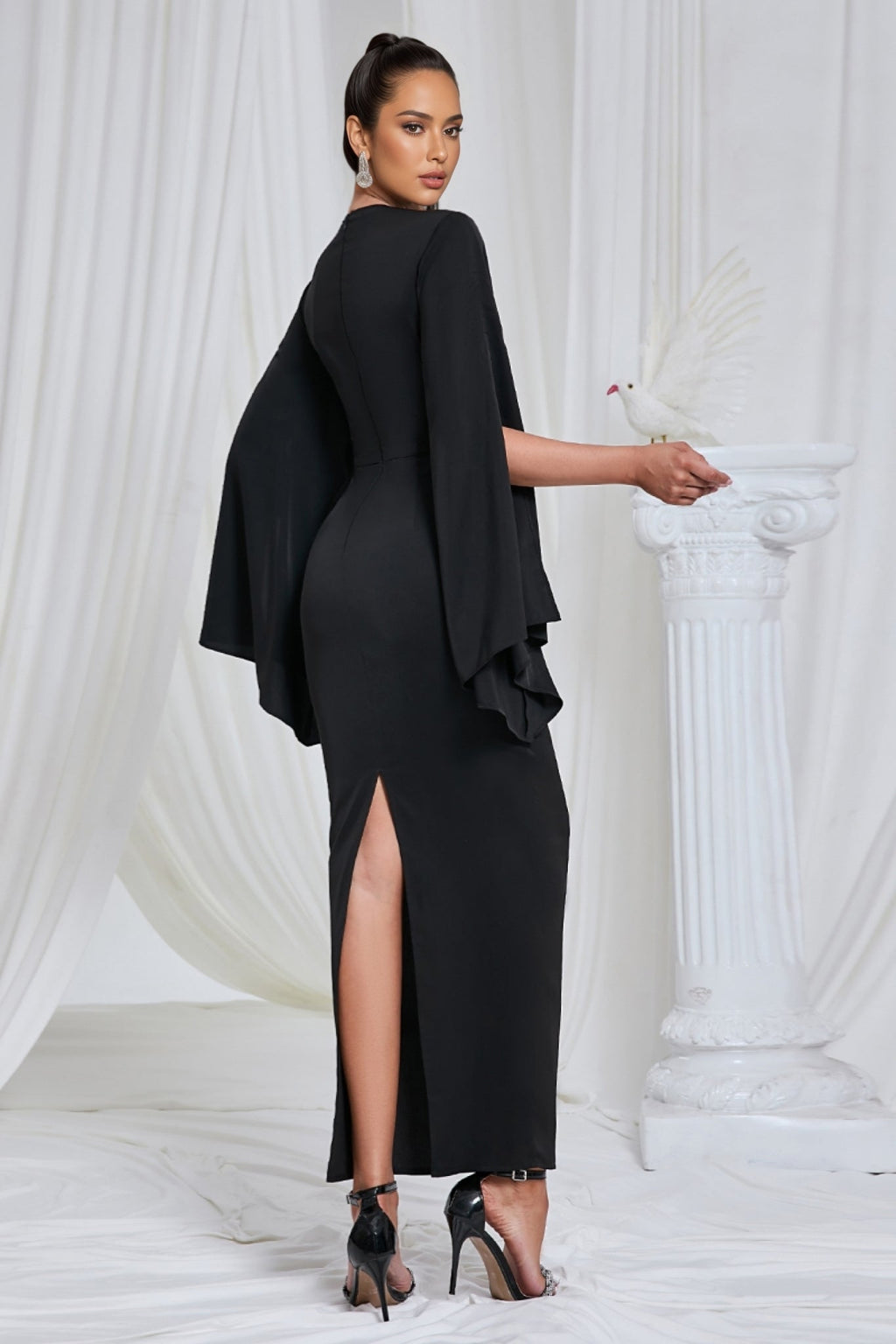 Nali Solid Black Round Neck Maxi Dress