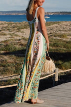 Sweet Garden Linen Blend Color Block Floral Paneled Maxi Dress