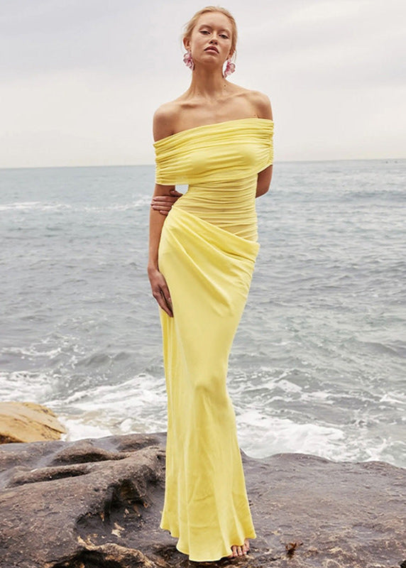 Off Shoulder Ruched Draped Waist Flowy Maxi Dress