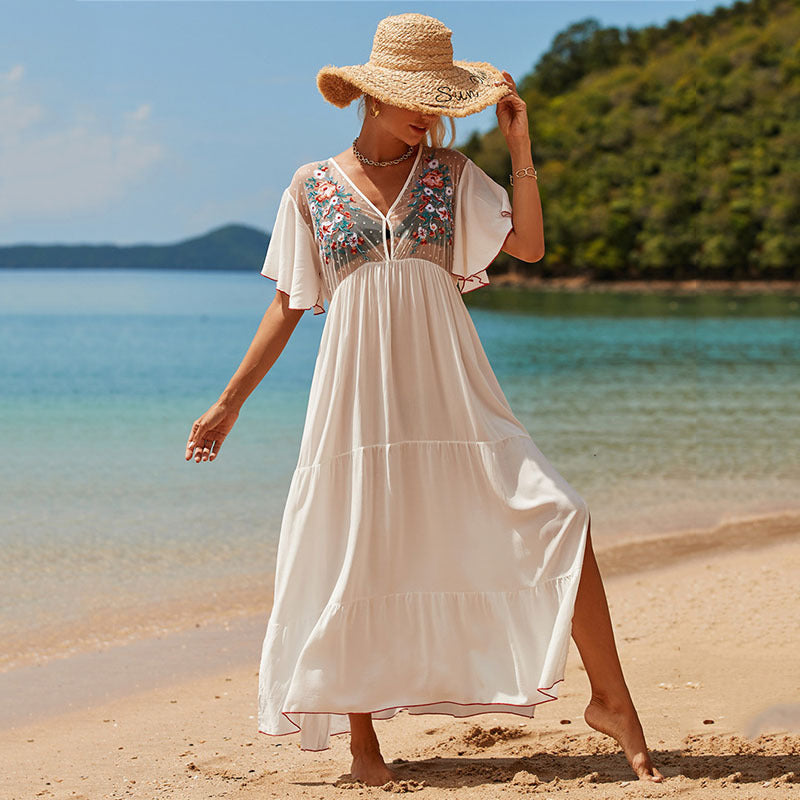 Rayon Mesh Applique Beach Cover-up Sexy Vacation Seaside Sun Protection Clothing Blouse