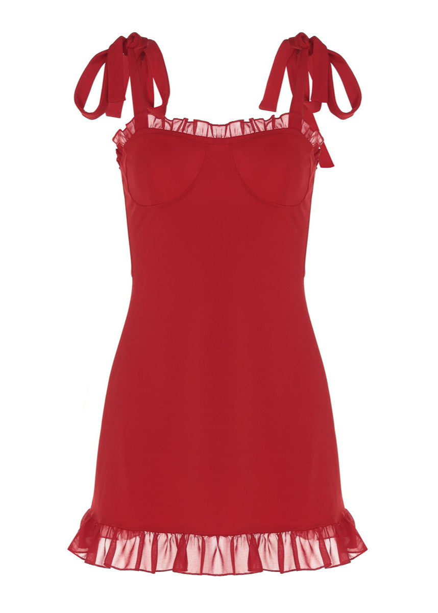 Tie Shoulder Sweetheart Neck Ruffle Trim Ruffle Hem Bodycon Mini Dress