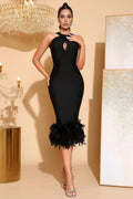 Avery Black Feather Bandage Midi Dress