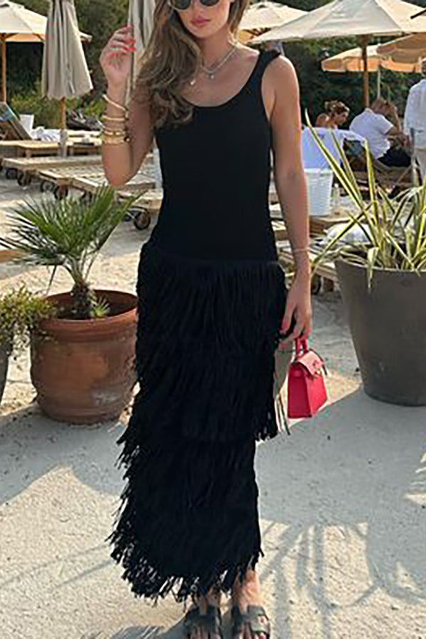 Solid Color Sleeveless Slim Fit Fringed Hem Knitted Midi Dress