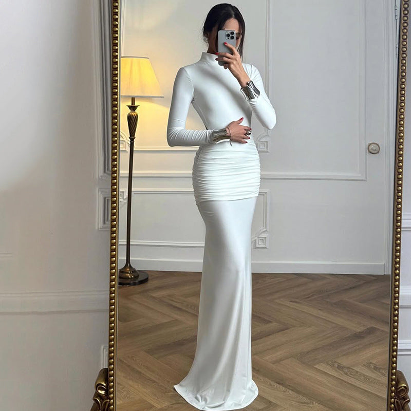 Mock Neck Long Sleeve Ruched Open Back Cut Out Fishtail Maxi Dress
