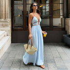 Vertical Stripe Halter Neck Deep V Neck Contrast Trim High Waist Maxi Dress