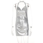 Chainmail Halter Cowl Neck High Slit Belted Mini Dress
