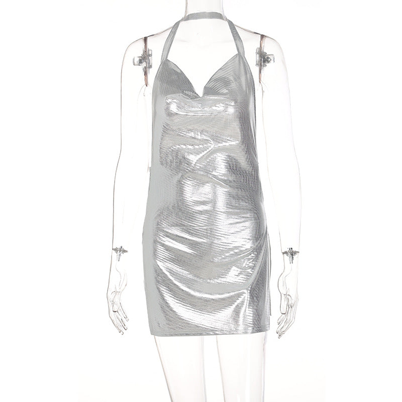 Chainmail Halter Cowl Neck High Slit Belted Mini Dress