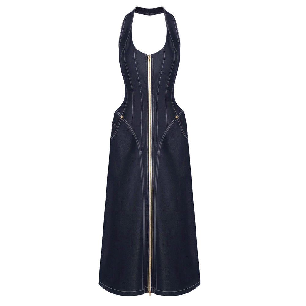 Denim Halter Corset Front Zip Pocket Maxi Dress