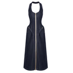 Denim Halter Corset Front Zip Pocket Maxi Dress