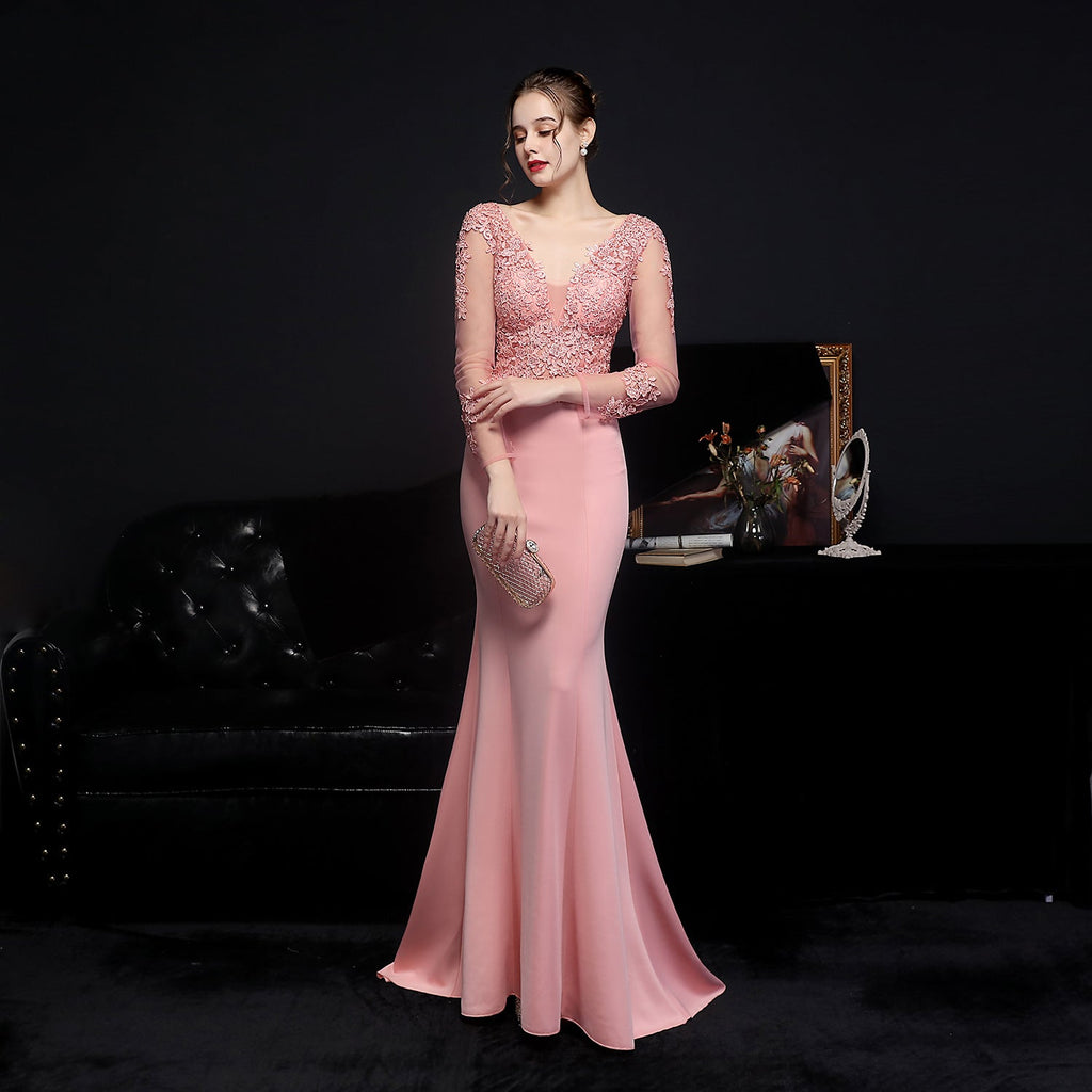 Floral Lace Illusion Long Sleeve Mermaid Trumpet Formal Gown