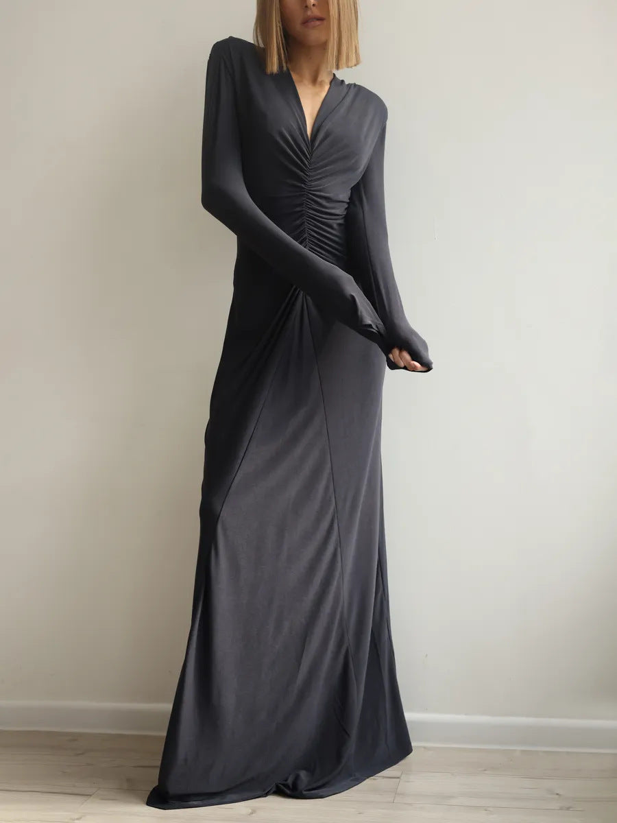 Deep V-Neck Ruched Long Sleeve Floor Length Maxi Dress
