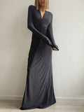 Deep V-Neck Ruched Long Sleeve Floor Length Maxi Dress