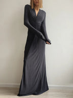 Deep V-Neck Ruched Long Sleeve Floor Length Maxi Dress