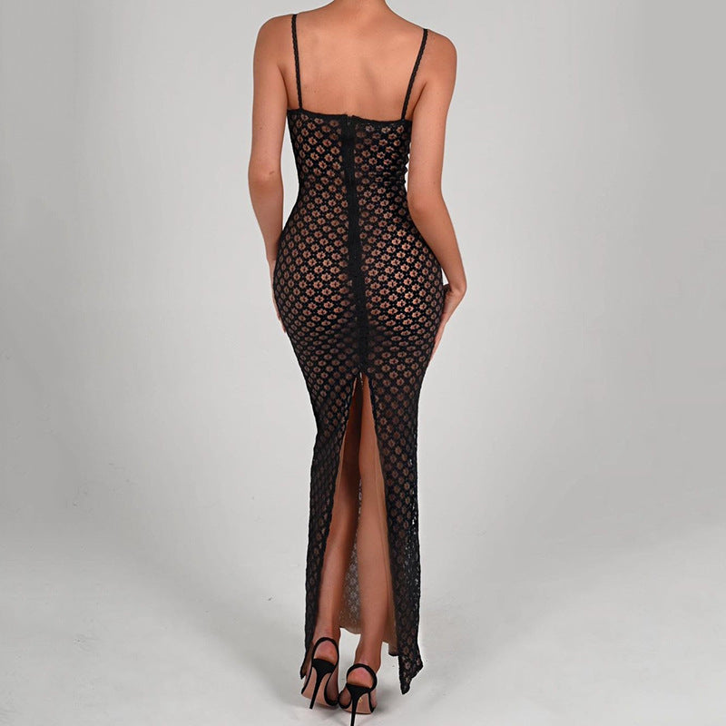 Lace Overlay Sweetheart Spaghetti Strap Bodycon Maxi Dress