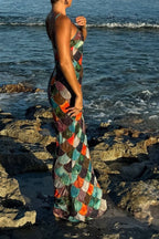 Little Mermaid Colorful Scales Print Halter Maxi Dress