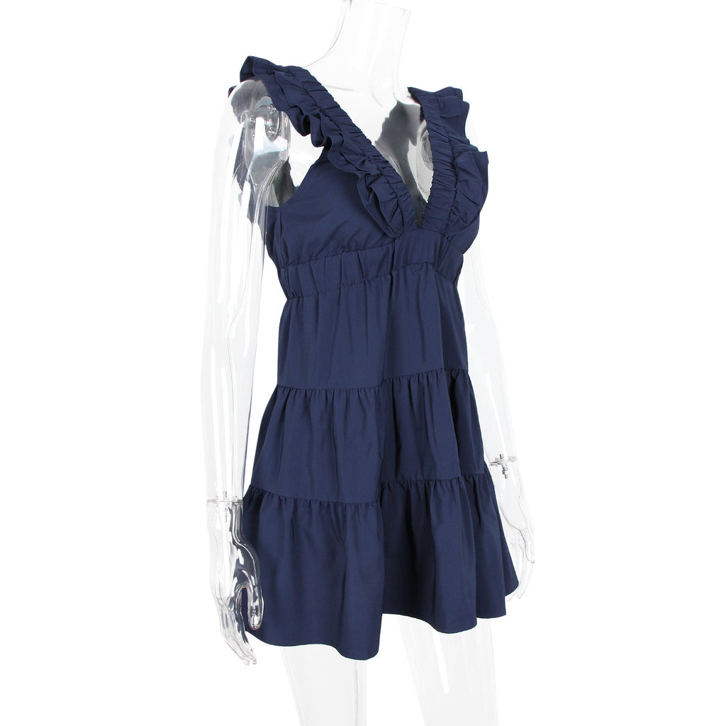 Ruffled Deep V Fitted Backless Dress