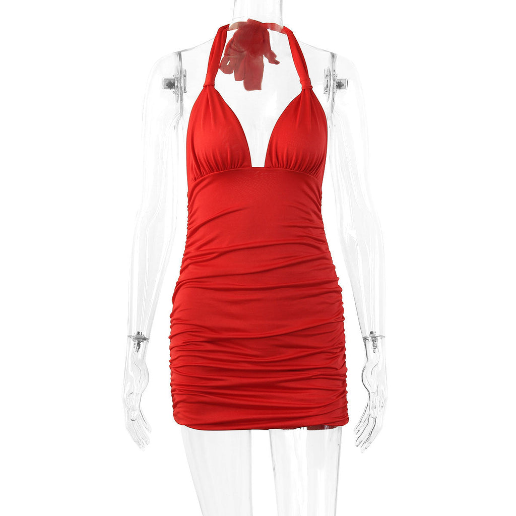 Halter Neck Deep V-Neck Side Ruched Bodycon Mini Dress