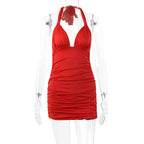 Halter Neck Deep V-Neck Side Ruched Bodycon Mini Dress